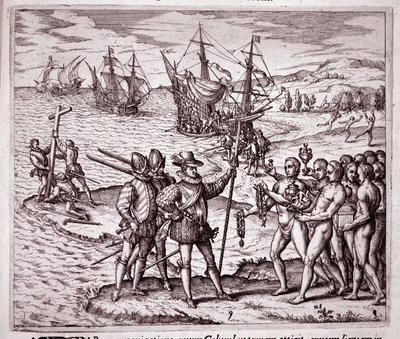 Ankomst av Christopher Columbus på øya Hispaniola i Vestindia (Gravering av Theodore de Bry