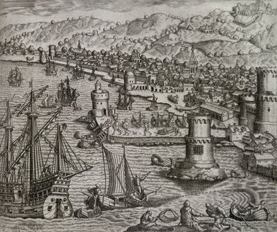 Ankomst av Girolamo Benzoni i havnen i Las Palmas under hans reise til Amerika (1541), Kanariøyene, gravering av Theodor de Bry (1528-1598) av Theodore de Bry