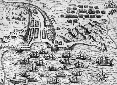 Angrep på Santiago 27. november 1585 (gravering) av Theodore de Bry