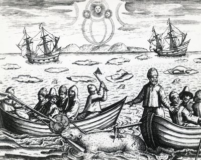 Aurora borealis og hvitbjørnjakt under tredje ekspedisjon ledet av William Barents (ca 1550-1597) på jakt etter Nordøstpassasjen i 1596, av Theodor de Bry (1528-1598), gravering av Theodore de Bry