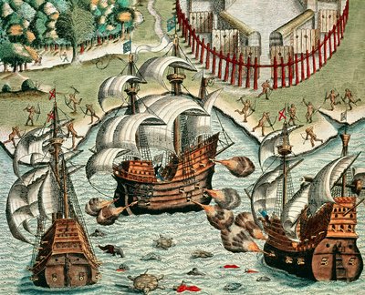 Kamp mellom franskmennene og portugiserne utenfor Buttugar av Theodore de Bry