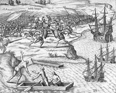Slaget på Jamaica mellom Christopher Columbus og Francisco Poraz, 1504 1631 av Theodore de Bry
