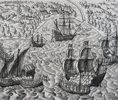Slag foran byen Matical i Bengalbukta, gravering fra Indiae Orientalis, av Theodor de Bry (1528-1598) av Theodore de Bry
