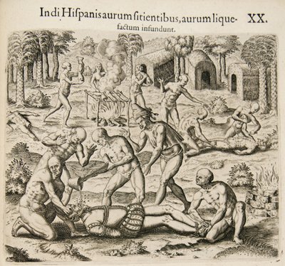 Fordi spanjolene tørster etter gull, heller indianerne flytende gull i dem. Fra: Americae pars qv av Theodore de Bry