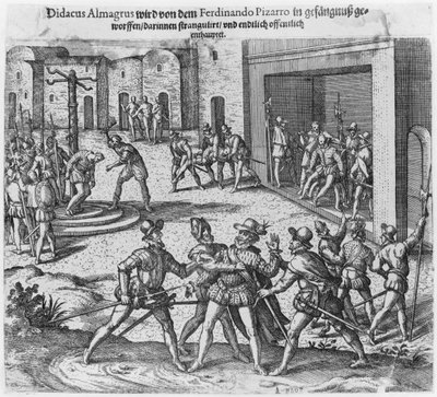 Fangst, rettssak og henrettelse av Diego de Almagro etter ordre fra Francisco Pizarro av Theodore de Bry