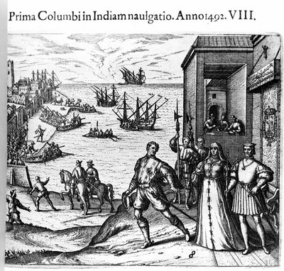 Christopher Columbus og Pinzon-brødrene forlot havnen i Palos i Spania 03.08.1492 til den nye verden. Høyre Kongen og dronningen av Portugal katolske Ferdinand II av Aragon og Isabella Iere av Castilla. Gravering av Theodore de Bry i "" Admirante av Theodore de Bry