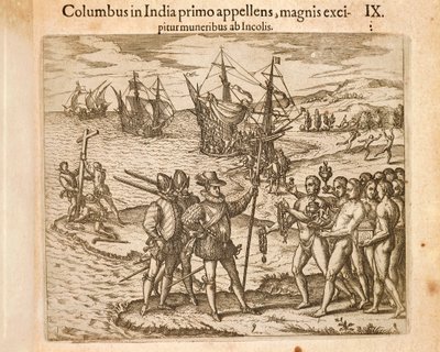 Christopher Columbus lander på øya Guanahani (San Salvador) 12. oktober av Theodore de Bry