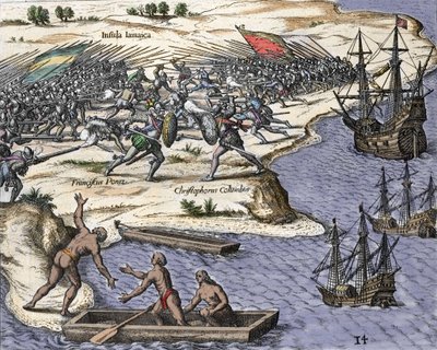 Christopher Columbus sin fjerde tur til Jamaica i 1502-1504: kamp mot Francisco Poraz. Gravering fra "Historia Americae sive Novi Orbis" av Theodor de Bry (1527-1598), Amsterdam 1594. av Theodore de Bry