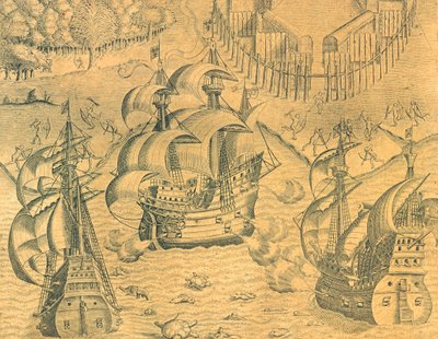 Sammenstøt mellom franske og portugisiske skip i Atlanterhavet for besittelse av Brasil, illustrasjon fra amerikansk historie av Theodore de Bry av Theodore de Bry