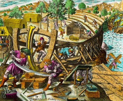 Bygging av en båt for den spanske navigatøren Vasco Nunez de Balboa (1475-1517) Gravering fra "History of the Americas" av Theodore de Bry (1528-1598) 1500-tallet. Privat samling av Theodore de Bry