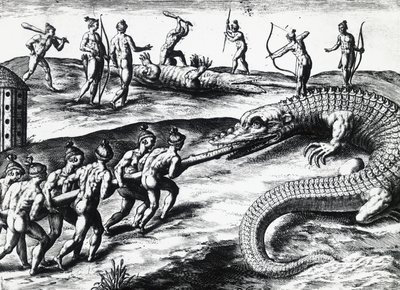 Krokodillejakt i Florida, fra maleri av Jacques le Moyne de Morgues (ca 1533-før 1588), av Theodor de Bry (1528-1598). gravering av Theodore de Bry