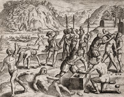 Beskrivelse av forbrytelser påført indianere av spanske nybyggere - Conquistadorer massakrerer en indisk landsby. Amputations des mains - Gravering av Theodore de Bry i "Fortellingen om noen av de mest henrykte indianerne av spanjolene" av Bartolome d av Theodore de Bry