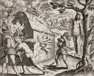 Beskrivelse av forbrytelser påført indianere av spanske nybyggere - Brann i en indisk landsby av conquistadorene. Hanging - Gravering av Theodore de Bry i "Den sanneste historien om noen av de ødelagte spanjolene" av Bartolome de las Casa av Theodore de Bry