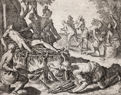 Beskrivelse av forbrytelser påført indianere av spanske nybyggere - Scene for tortur av indianere av spanske conquistadorer. Tortur på en grill, amputasjon av hender - Gravering av Theodore de Bry i "" Narratio regionum indicarum per Hispanos quosdam devas av Theodore de Bry