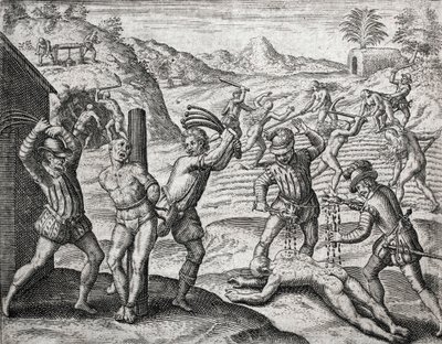 Beskrivelse av forbrytelser påført indianere av spanske nybyggere - Spanjoler som torturerer indianere - Gravering av Theodore de Bry i "Brevisima Relacion de la Destruction de las Indias"" av Bartolome de las Casas (1484-1566) av Theodore de Bry