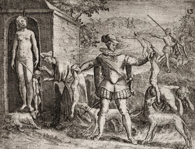 Beskrivelse av forbrytelser påført indianere av spanske nybyggere - Spanske conquistadorer massakrerer indiske kvinner og barn. Henger. Children jetes aux chiens - Gravering av Theodore de Bry i "" Narratio regionum indicarum per Hispanos quosdam devastata av Theodore de Bry
