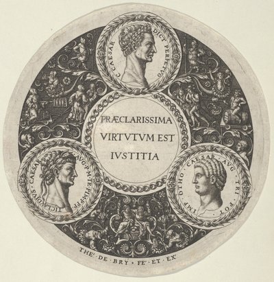 Design for a Dish with Portraits of the Roman Emperors Caesar, Claudius, and Otho, ca...., ca. 1588.    1156965   no       norwegian Successfully Translated  Original: Profile of a Boy and Self-Portrait [recto] Translat: Profile of a Boy and Self-Portrait  av Theodore de Bry