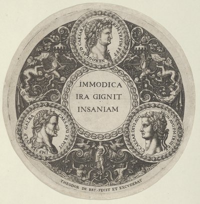 Design for en tallerken med portretter av de romerske keiserne Nero, Galba og Caligula, ca. ..., ca. 1588. av Theodore de Bry