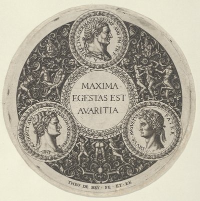 Design for en tallerken med portretter av de romerske keiserne Vitellius, Domitian og August..., ca. 1588. av Theodore de Bry