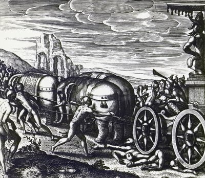 Hengivne blir knust av vogn under prosesjon av idol, av Theodor de Bry (1528-1598), gravering av Theodore de Bry