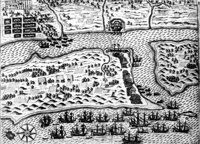 Drake fanger båten "" Saint Augustin "", i 1586, av De Bry av Theodore de Bry