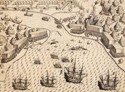 Nederlendere ankommer Madura Island, Java, gravering fra arbeidet India Orientalis, av Theodor de Bry (1528-1598), Indonesia av Theodore de Bry