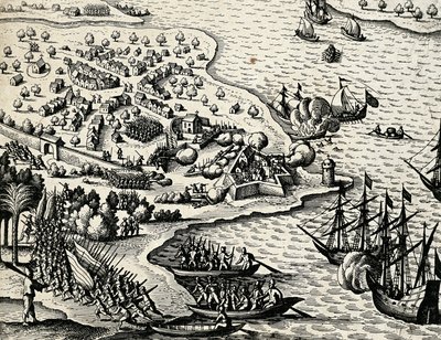 Nederlandsk ekspedisjon langs kysten av Mosambik, gravering fra India orientalis av Theodor de Bry (1528-1598) av Theodore de Bry
