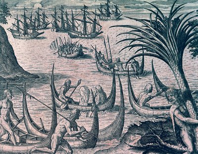 Nederlandske skip i Magellanstredet, gravering fra amerikansk historie av Theodore de Bry (1528-1598), Frankfurt av Theodore de Bry