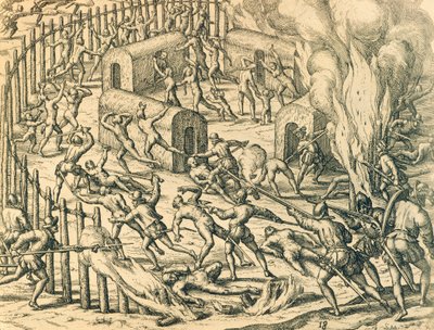 Europeiske erobrere som angriper en indisk landsby, illustrasjon fra amerikansk historie av Theodore de Bry av Theodore de Bry