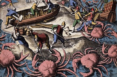 Europeiske navigatører som kjemper mot stor krabbe. Gravering fra "Petities voyages aux Indes Orientales" av Theodore de Bry av Theodore de Bry
