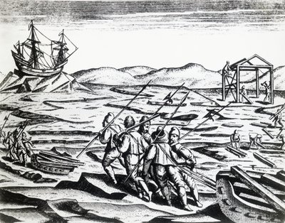 Ekspedisjon ledet av William Barents (ca 1550-1597) på jakt etter Nordøstpassasjen, fra Peregrinationes, av Theodor de Bry (1528-1598), gravering av Theodore de Bry