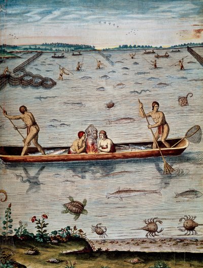 Fisketeknikker til de innfødte i Virginia, gravering av Theodor de Bry (1528-1598) fra Admiranda narrative trust tamen, commodis et de incolarvm ritibvs Virginae av Theodore de Bry