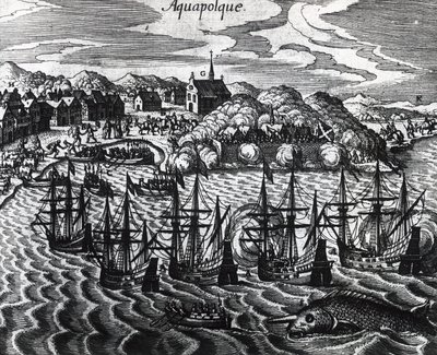 Flåte av galleoner i Acapulco Port, av Theodor de Bry (1528-1598), gravering av Theodore de Bry