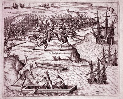 Fjerde reise til Christopher Columbus på øya Jamaica i 1503 (gravering av Theodore de Bry