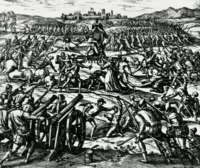 Francisco Pizarros (ca 1475-1541) tropper som fanget inkakeiseren Atahualpa under slaget ved Cajamarca, 16. november av Theodore de Bry
