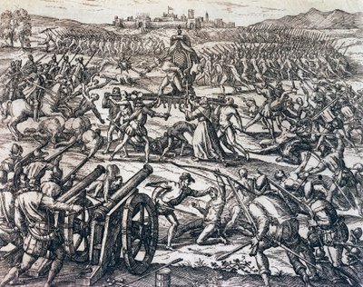 Francisco Pizarros (cirka 1475-1541) tropper som fanget inkakeiseren Atahualpa under slaget ved Cajamarca, 16. november av Theodore de Bry