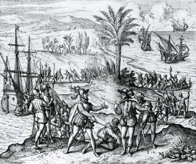 Francisco de Bobadilla ankommer som guvernør og arresterer Christopher Columbus (1451-1506) i Hispaniola, 1500, 1590 av Theodore de Bry