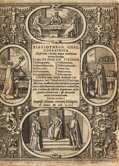 Frontispice med vignetter av forskere innenfor grenser. av Theodore de Bry