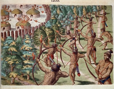 Amerikas historie: "" En indianerstamme angriper en landsby i Florida om natten"" Gravering fra "" Admirante Narratio Americae"" av Theodore de Bry (1528-1598) av Theodore de Bry