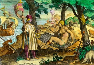 Amerikas historie: Den italienske navigatøren Amerigo Vespuccis første kontakt med indianerne i Amerika av Theodore de Bry