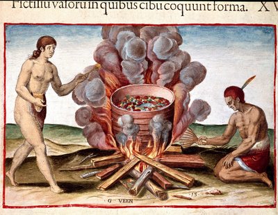 History of America: "Indian Cooking Fish"-gravering fra "The Admirable Narrative of America" ​​av Theodore de Bry (1528-1598) av Theodore de Bry
