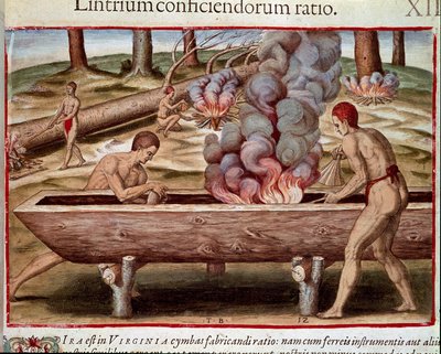 History of America: "Indians Building Boats"" Gravering fra "Admirante Narratio Americae" av Theodore de Bry (1528-1598) av Theodore de Bry