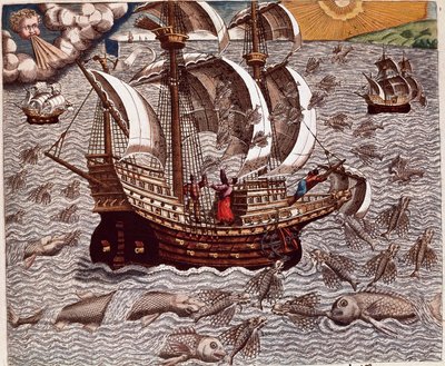 Amerikas historie: "" Reise med spanske karaveller omgitt av flygende fisk"" Resit av reisene til Hans Staden, tysk oppdagelsesreisende som dro med de spanske flåtene til Brasil, tatt til fange av Tupinamba-indianerne. Gravering fra «Americae tertia pars m av Theodore de Bry