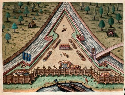 History of America: "Life of Fort Carolina, Bastion of Carolina" "Gravering fra "Admirante Narratio Americae"" av Theodore de Bry (1528-1598) etter en tegning av Jacques le Moyne (de Morgues) (1533-1588) av Theodore de Bry