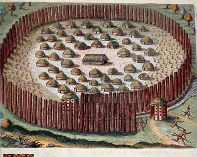 Amerikas historie: "" Representasjon av en indisk landsby befestet i Florida"" Gravering fra "" Admirante Narratio Americae"" av Theodore de Bry (1528-1598) av Theodore de Bry