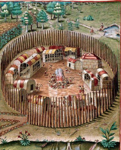 Amerikas historie: "" Representasjon av den befestede byen Pomeiock eller Pomeiooc i Virginia i 1585""" Gravering fra "" Admirante Narratio Americae""" av Theodore de Bry (1528-1598) av Theodore de Bry