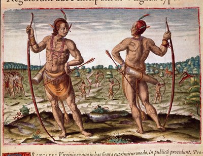 Amerikas historie: "" To innbyggere i Virginia, indiske våpen med piler og bue"" Gravering fra "" Admirante Narratio Americae"" av Theodore de Bry (1528-1598) av Theodore de Bry