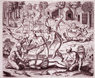 History of America: beskrivelse av torturen som indianerne påførte spanske nybyggere, helle gull i munnen deres og kuttet medlemmene deres for å spise dem (Gravering av Theodore de Bry
