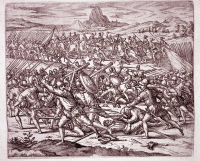 History of America: kamper mellom hærene til Vaca de Castro og Almagro junior etter døden til Francisco Pizarro og Diego de Almagro (Gravering av Theodore de Bry