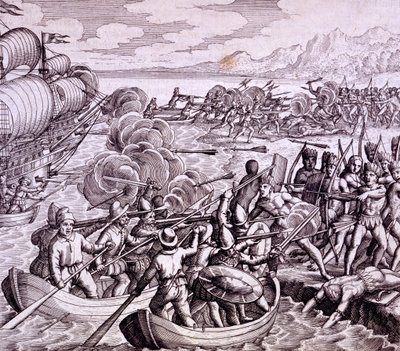 Hvordan spanjolene landet på øya Haiti, med 400 menn som ga en stor kamp med de innfødte, illustrasjon fra "Vespuccis reise til Vestindia" av Theodore de Bry
